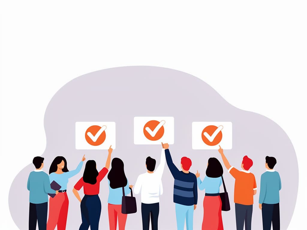 Illustratie van een groep mensen, van achteren gezien, die naar drie kaarten met een oranje vinkje wijzen