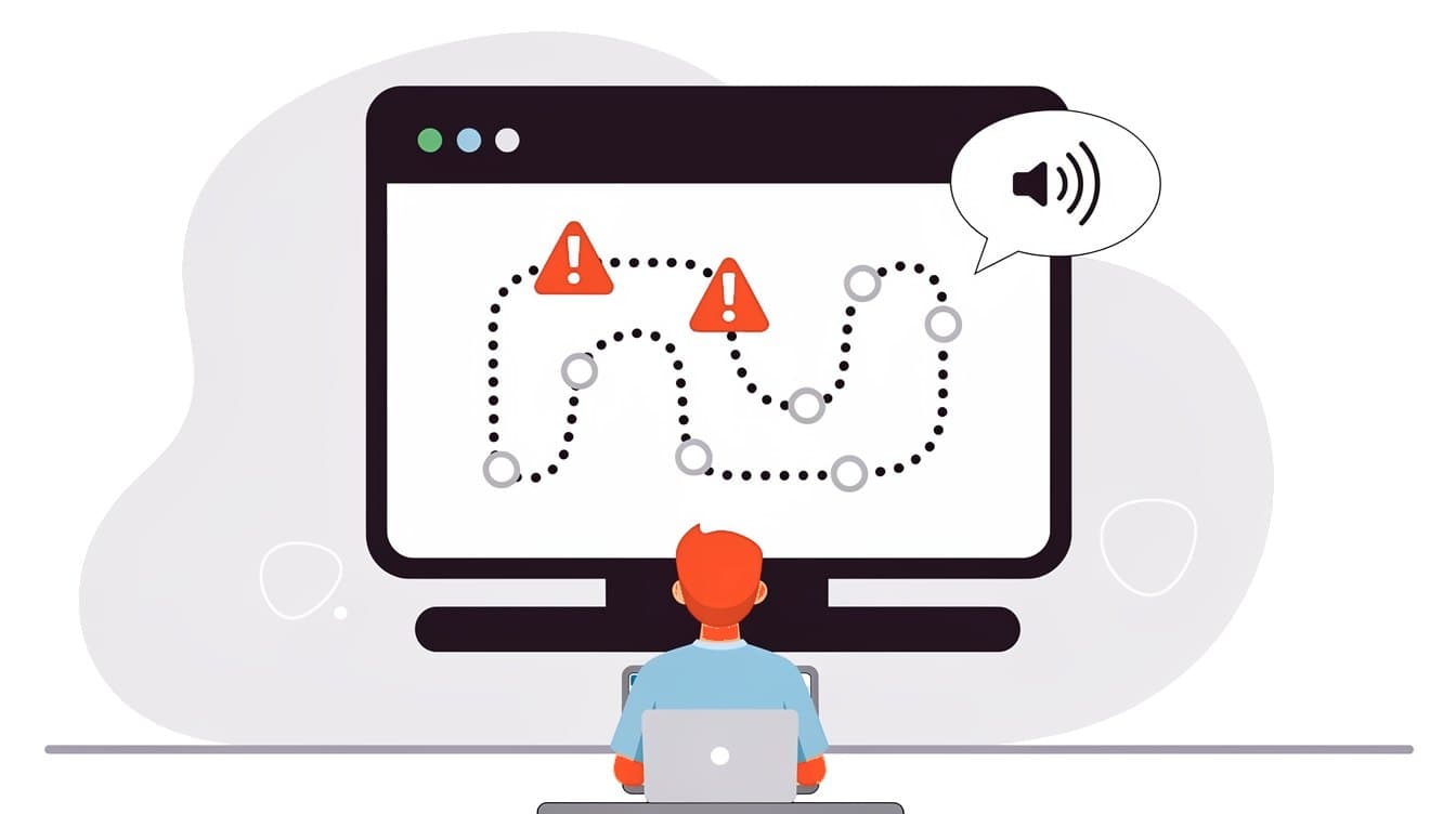 Illustratie van iemand achter een laptop voor een groot scherm met een gestippelde route met twee waarschuwingstekens. Rechts een luidspreker in een tekstballon