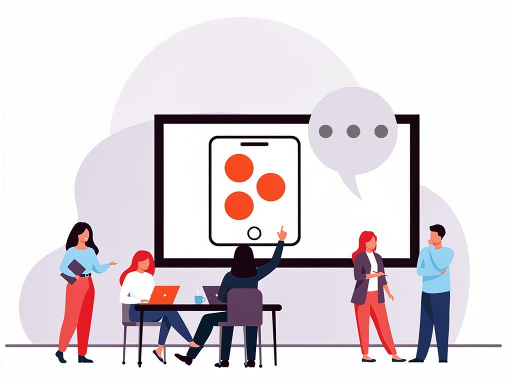 Illustratie van een team dat samen naar een groot scherm kijkt met een telefoon waarop drie oranje punten staan
