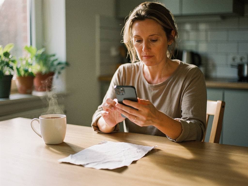 A woman at her kitchen table changes something in her account on her phone, with a letter and a cup of tea beside her