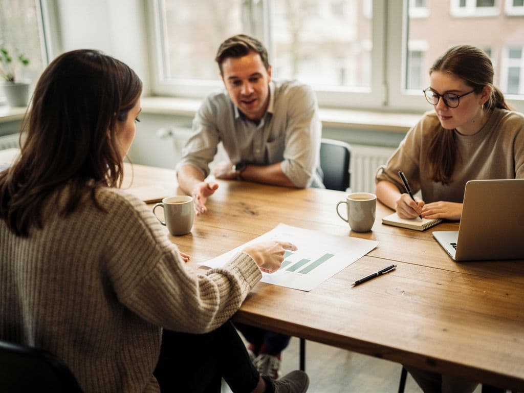 A team at a meeting table covered with printed report pages and sticky notes discusses the results