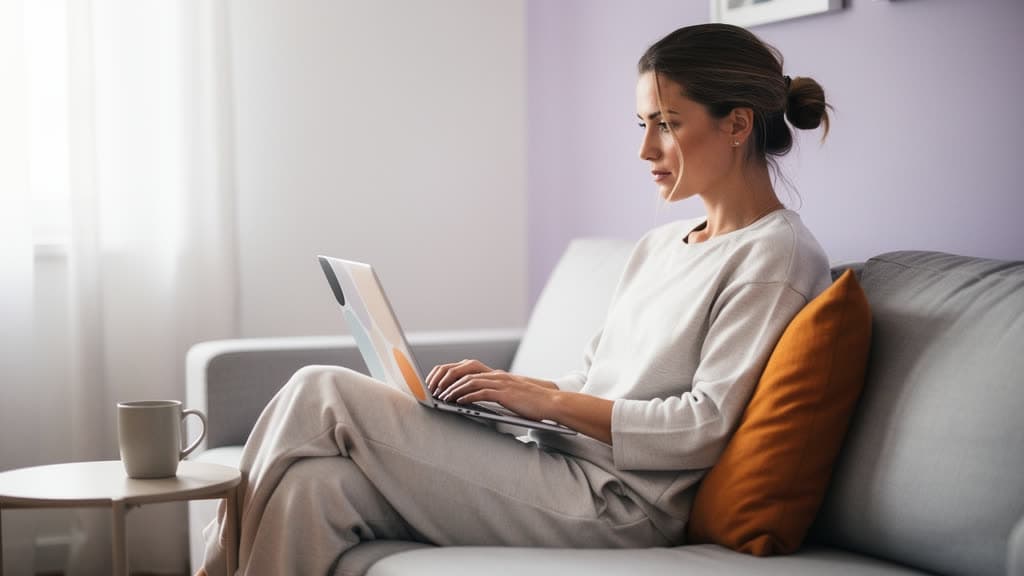 Een vrouw op de bank beoordeelt een website op haar laptop
