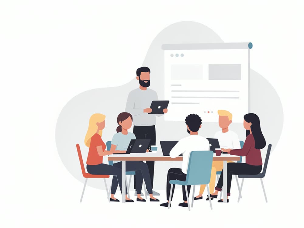Illustration of a team discussing the research outcomes together