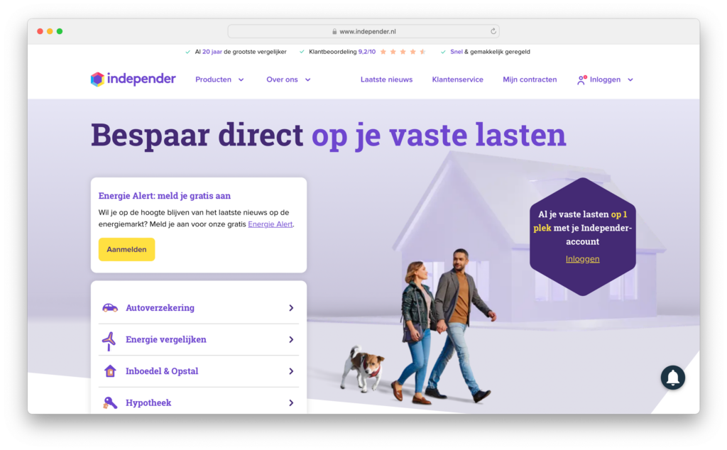 De homepage van vergelijkingssite Independer.nl