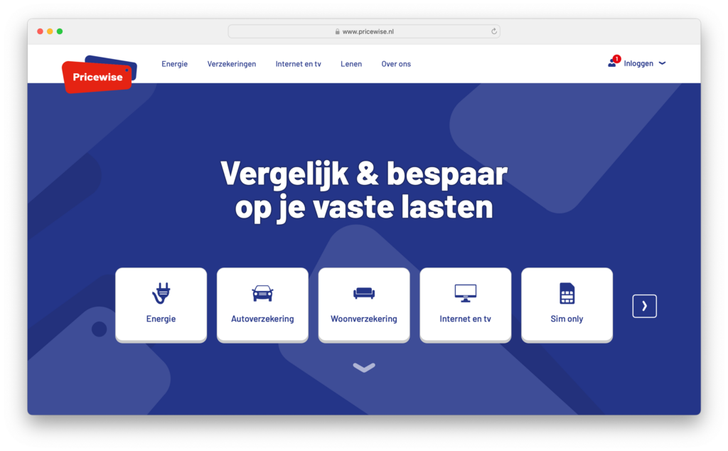 De homepage van vergelijkingssite Pricewise.nl